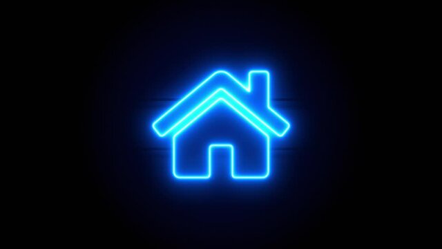 Home neon sign appear in center and disappear after some time. Animated blue neon symbol on black background. Looped animation.
