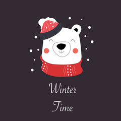 Cute postcard with Christmas Bear . Flat vector illustration. Winter Time.