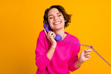Photo of satisfied girl call telephone wear good mood pullover isolated over shine color background