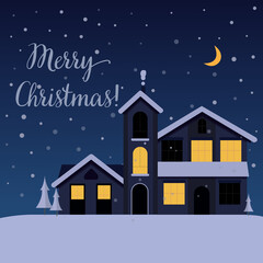 Fototapeta premium Merry Christmas text. Calligraphic Lettering. Greeting card template. Vector illustration of night winter. Winter night landscape. New year and Christmas Holidays design.