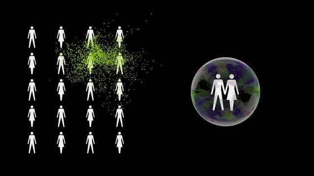 Lockdown bubble couple.

Man and woman in a protective bubble surrounded by virus particles.