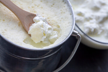 Turkish and Greek traditional dairy food yogurt or yoghurt in a pot (Goat yogurt)