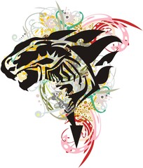 Colorful lion symbol with horse head inside. Fantastic symbol with colored decorative floral splashes for tattoos, textiles, posters, prints on T-shirts, wallpaper, etc.