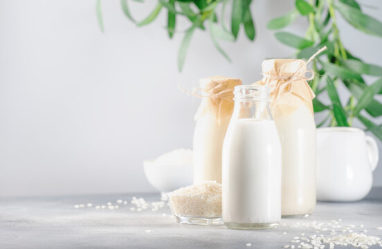 Rice milk in bottles, closeup, gray background. Non dairy alternative milk. Healthy vegetarian food and drink