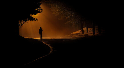 A person walk into the misty foggy road in a dramatic mystic scene. Mysterious alone woman walking in the mist. Banner with copy space for text. © deliris