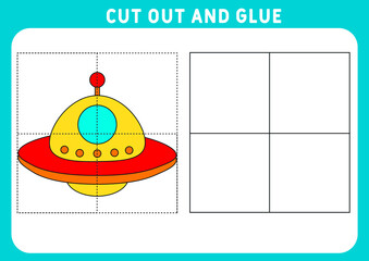 Educational game for children. Puzzle for children. Cut and glue. Funny little UFO. Worksheet. Vector illustration.