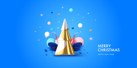 Christmas background in 3d realistic vector design. Abstract xmas tree with gifts, balls and spruce cones. Happy new year card illustration. Web banner template layout.