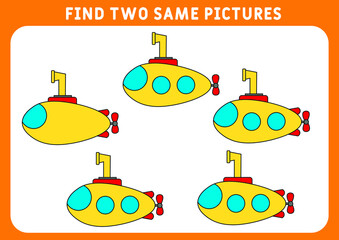 Children's educational game. Find two identical pictures. Funny little submarine, find two identical pictures for the game. Vector illustration.