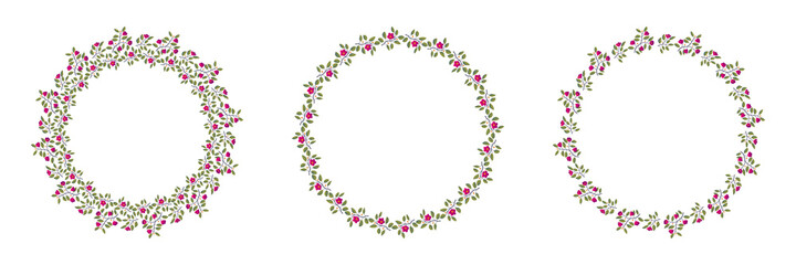 Set of floral wreaths, branches with leaves and bright magenta flowers on white. Vector illustration, design for poster, banner, invitation, book, fashion fabric, wrapping.