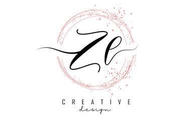Handwritten ZL Z L letter logo with sparkling circles with pink glitter.