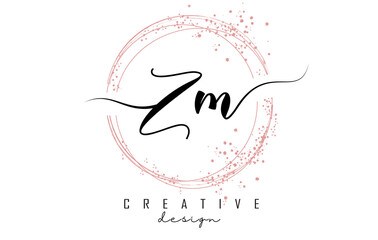 Handwritten ZM Z M letter logo with sparkling circles with pink glitter.