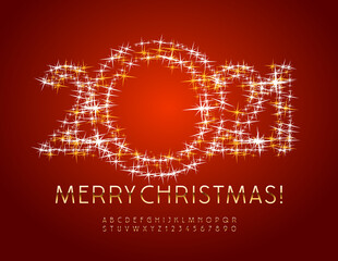 Vector magic greeting card Merry Christmas 2021 with Stars Fantasy. Gold elite Font. Shiny chic Alphabet Letters and Numbers set