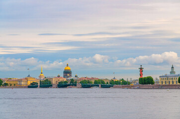 Cityscape of Saint Petersburg (Leningrad) city with Palace Bridge (bascule bridge) across Neva...