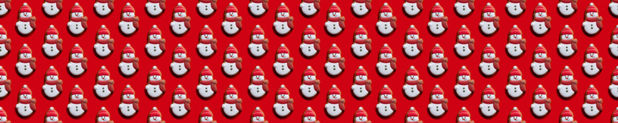 Red seamless background. White snowman pattern. Cute minimalist decorative wallpaper for kids. Fun winter character ornament isolated on bright.