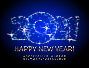 Vector glittering stars greeting card Happy New Year 2021! Gold Letters and Numbers set