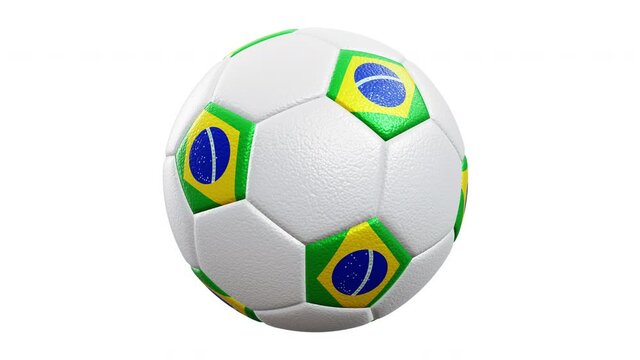 Realistic 360-degree seamless looping roll of the Brazil textured soccer ball rendered in UHD, alpha matte is included