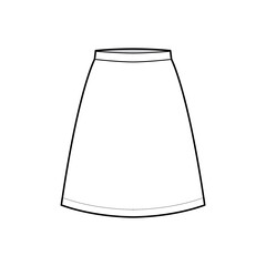 Skirt A-line fullness technical fashion illustration with above-the-knee silhouette, thin waistband. Flat bottom template front, white color style. Women, men, unisex CAD mockup