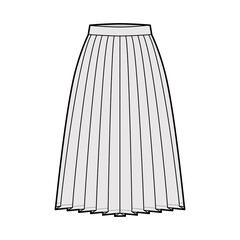 Skirt side knife pleat technical fashion illustration with below-the-knee silhouette, circular fullness, thick waistband. Flat bottom template front, grey color style. Women, men, unisex CAD mockup