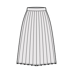 Skirt side knife pleat technical fashion illustration with below-the-knee silhouette, circular fullness, thick waistband. Flat bottom template front, grey color style. Women, men, unisex CAD mockup