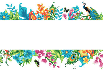 Banner with tropical leaves, flowers and a bird.