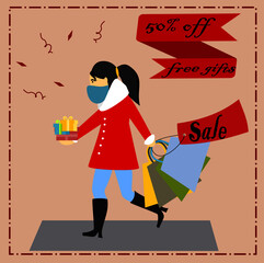 Vector of Young girl with medical face mask shopping at the time of festival  offer or sale , free gifts on hands, banner, template, advertisement, winter sale.