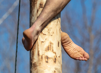 Bare legs of a man hanging on a wooden post