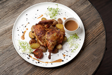 Grilled chicken Tabaka with baked potatoes and with sauce