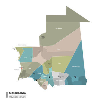 Mauritania higt detailed map with subdivisions. Administrative map of Mauritania with districts and cities name, colored by states and administrative districts. Vector illustration with editable and l