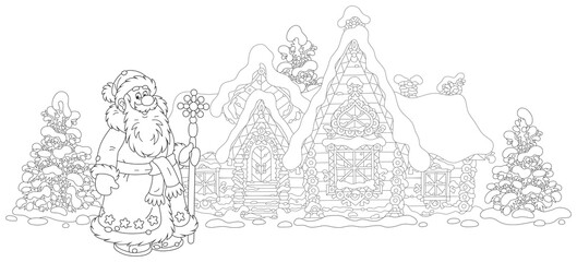 Fototapeta premium Santa Claus with a magical ice staff in front of his snow-covered and decorated log house on snowy and frosty Christmas Eve, black and white outline vector cartoon illustration