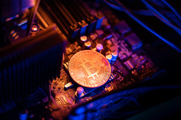 Bitcoin Cryptocurrency coin on a PC computer motherboard, crypto currency mining concept.