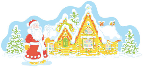 Naklejka premium Santa Claus with a magical ice staff in front of his snow-covered and colorfully decorated log house on snowy and frosty Christmas Eve, vector cartoon illustration on a white background