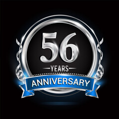 Logo celebrating 56th years anniversary with silver ring and blue ribbon.