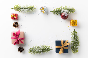 Fototapeta na wymiar Top view of framing christmas decoration mockup arranging in minimal style. Merry christmas and Happy new year festival background concept.