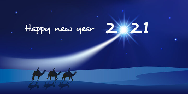 Carte de vœux 2021 montrant les trois rois mages à dos de dromadaire se dirigeant vers Bethléem avec des cadeaux pour célébrer la naissance de Jésus Christ.