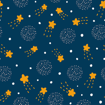 Starlight night seamless pattern in Scandinavian style vector illustration for print, design or nursery. Childish hand drawn design.