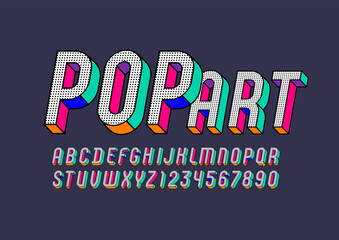 Pop art font, trendy graphic alphabet sans serif, modern 3d italic letters and numbers with black dot, vector illustration 10EPS