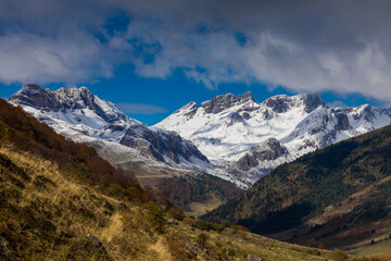 Snowy mountains landscape in the Aragonese Pyrenees. Near of Aguas Tuertas valley, Hecho and Anso,...