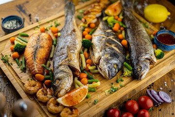 seafood board with Gilt-head bream, Perch, shrimps, Brown trout, salmon, baby carrot