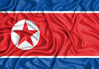 North Korea , national flag on fabric texture waving background.