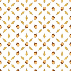 Seamless autumn pattern with cartoon style acorn yellow oak tree leaves arranged in ornament on white background. Fall nature forest backdrop for gift wrapping paper scrapbook kids crafts