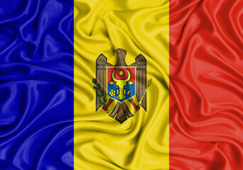 Moldova , national flag on fabric texture waving background.