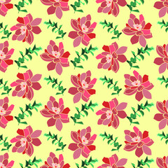 pink floral with yellow background seamless repeat pattern 