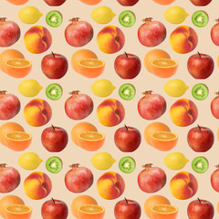 Seamless pattern, tropical fruits kiwi, peach, pomegranate, lemon and orange on a pink background.