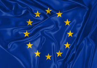 European Union flag waving in the wind. National flag on satin cloth surface texture. Background for international concept.
