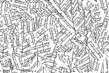 Fototapeta premium Grunge texture of unreadable handwritten text, letter clippings. Illegible handwriting, scraps of writing. Vector illustration. Overlay template.