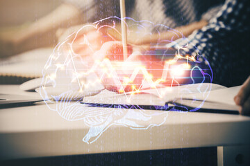 Man with multi exposure atificial intelligence brain icons.