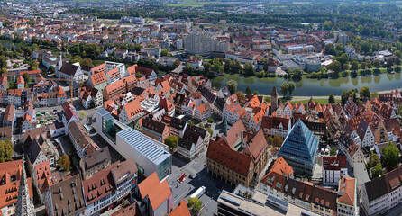 Fototapeta na wymiar View on Ulm, Danube river and Neu-Ulm from the tower of Ulm Minster, Germany