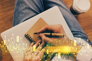 Writing human hands with data theme multi exposure icons.