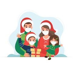 Happy family at christmas wearing medical masks. Cute vector illustration in flat style