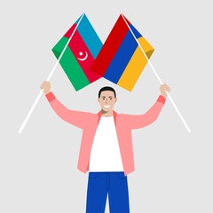 Armenia vs azerbaijan war background. International clash symbol armenia vs azerbaijan. Man waving National Flags with of Armenia and Azerbaijan is a symbol of friendship, partnership, stop war